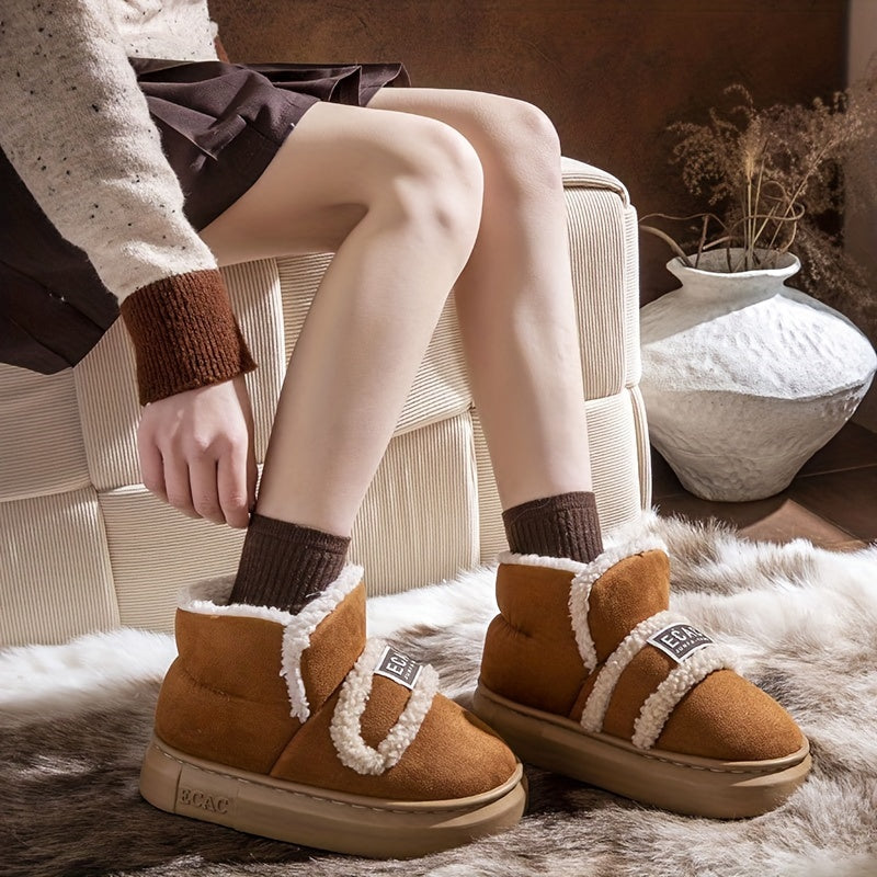 Cozy Plush-Lined Winter Ankle Boots for Women - Thick Sole, Non-Slip, Indoor/Outdoor Shoes with Hook-and-loop Fastener Closure