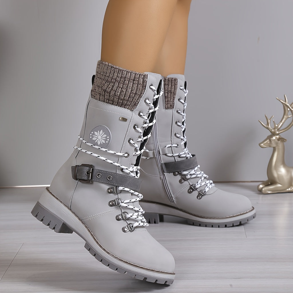 Mid Calf Thermal Women's Fashion Boots, Knitted Lace Up with Side Zipper, All-Match Outdoor