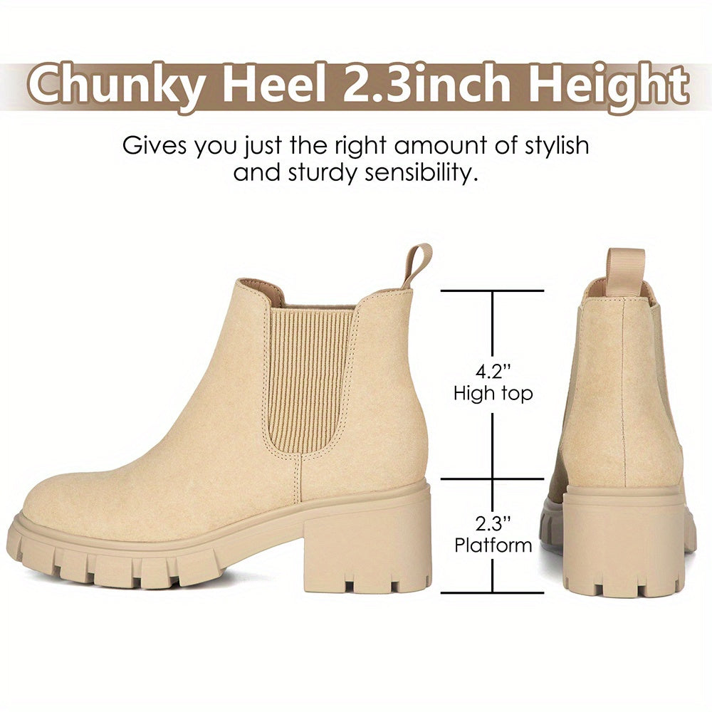 Low Heel Women's Chelsea Ankle Boots with Chunky Block Lug Sole and Side Zipper