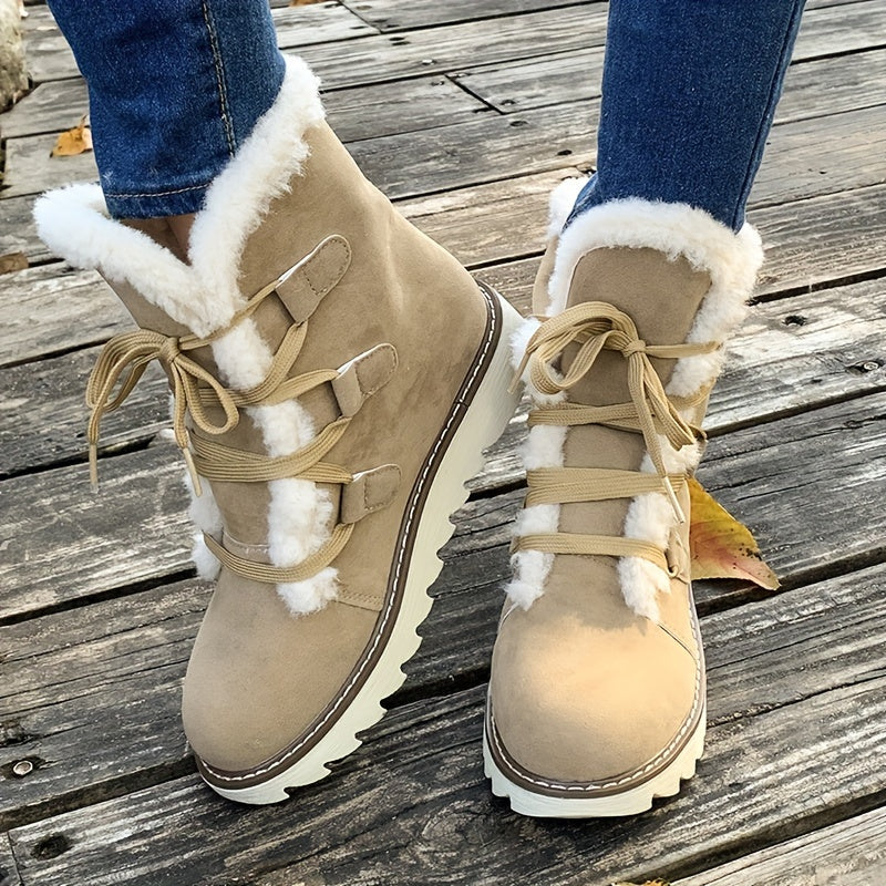 Women's Solid Color Fluffy Boots, Lace Up Soft Sole Platform Thermal Lined Boots, Winter Non-slip Snow Boots