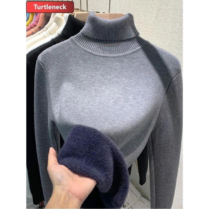 Women's Elegant Turtleneck Warm Sweater Thicken Velvet Lined Knitted Pullover