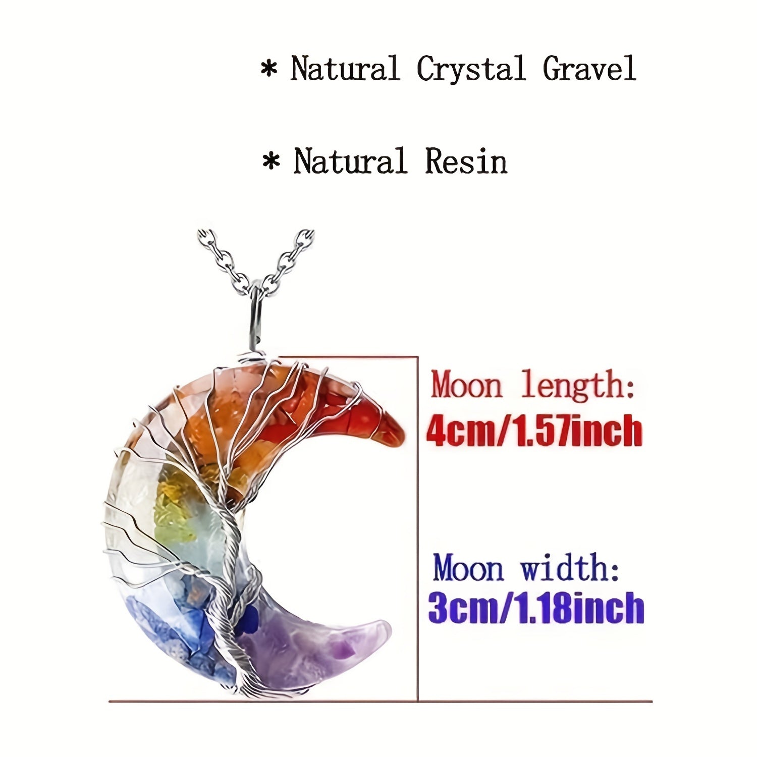 7 Chakra Healing Crystal Necklace with Tree of Life, Wire-Wrapped Crescent Moon Pendant, Natural Resin & Reiki Gemstones, Spiritual Quartz Jewelry Gift for Women.