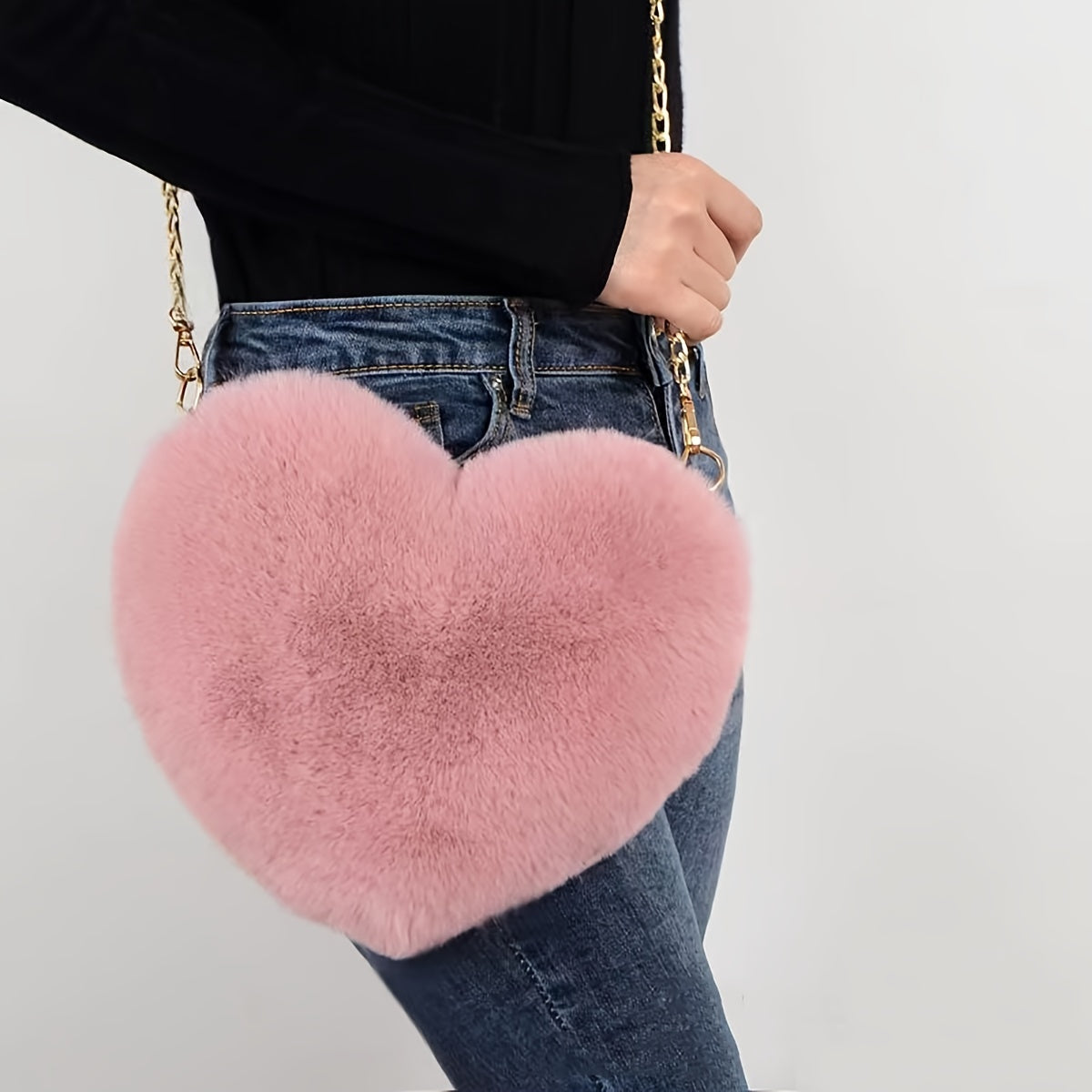 Heart Shaped Fluffy Shoulder Bag, Fashion Chain Crossbody Bag, Cute Zipper Purse For Valentine's Day