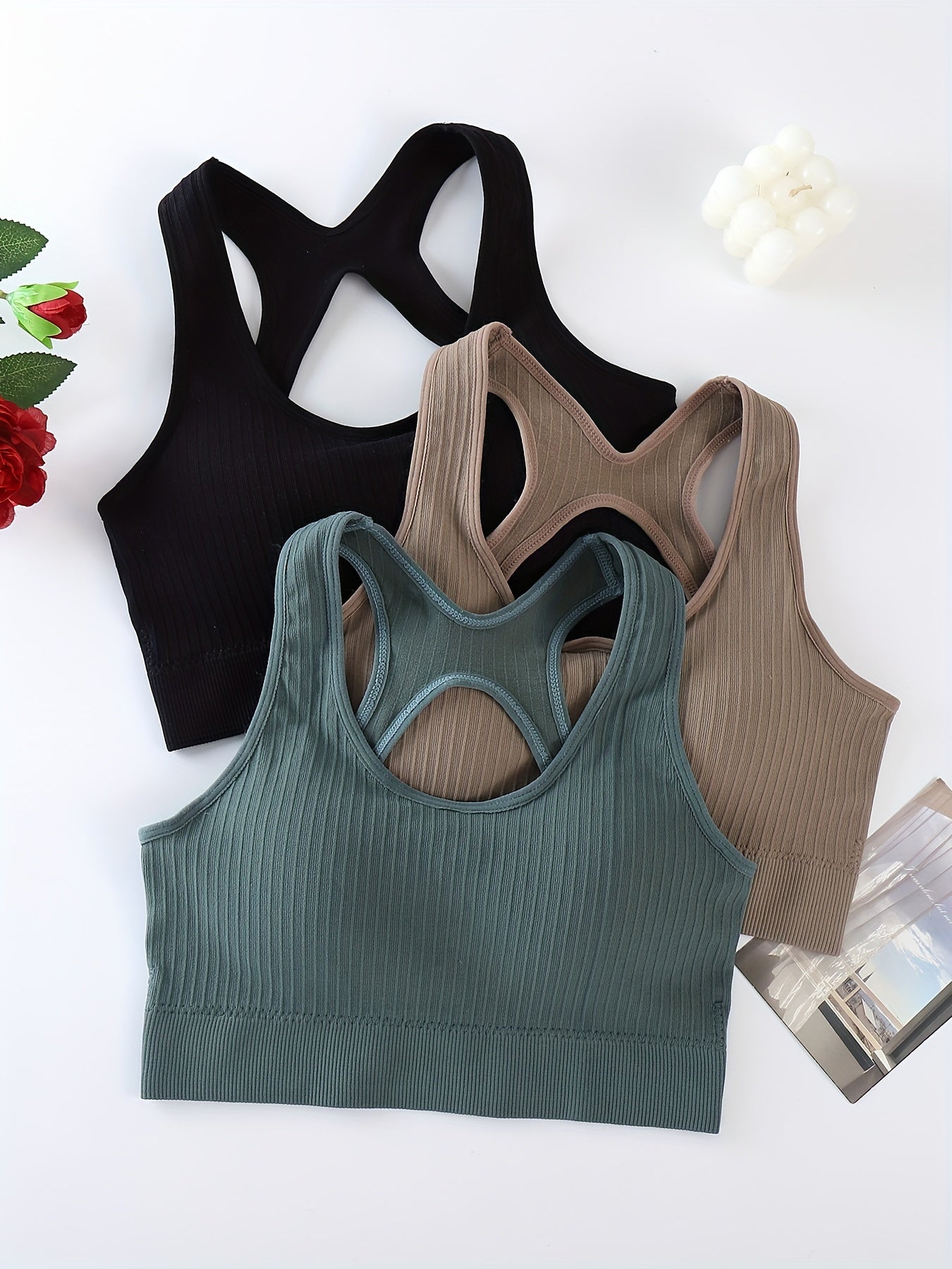 3-Pack Sports Bras For Women, Racerback Cut Out Yoga Workout Fitness Tank Tops - Comfortable Stretch Gym Wear