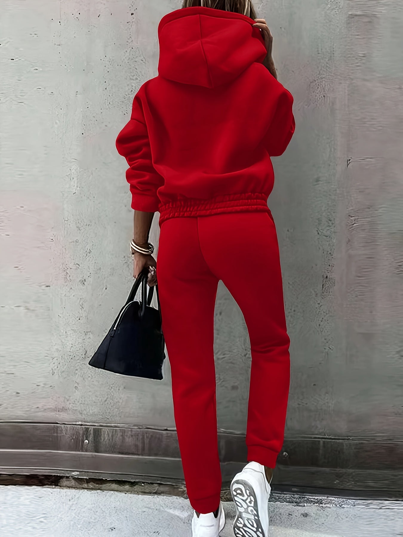 Casual Solid Color Sweatpants Set, Long Sleeve Hoodie Sweatshirt & Drawstring Jogger Pants Outfits, Women's Clothing