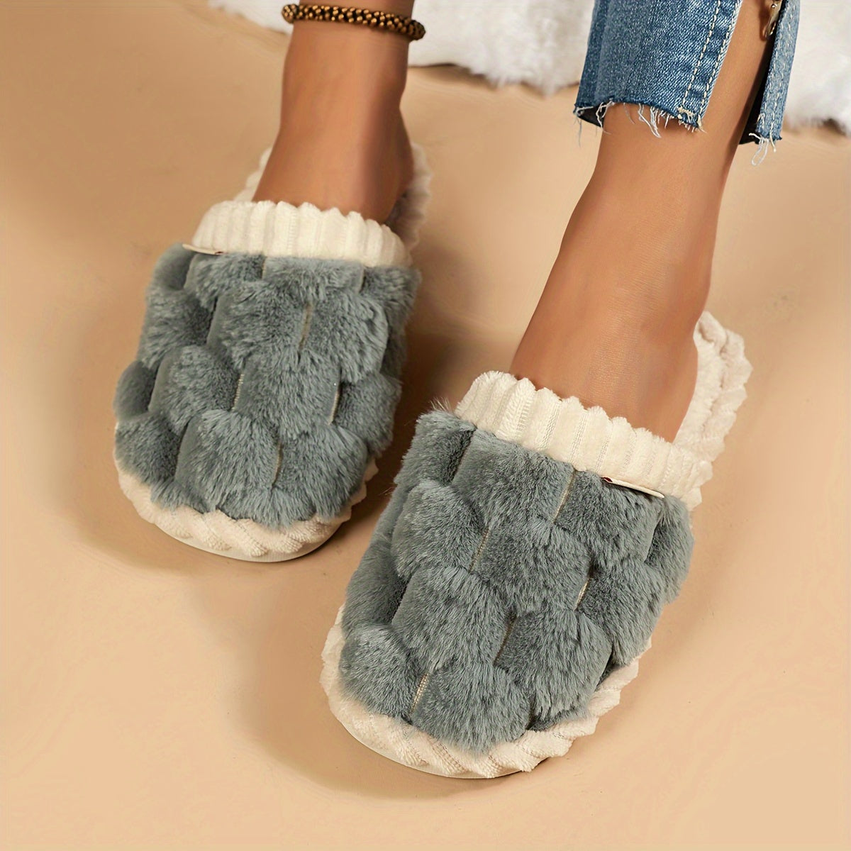 Cozy Winter Fuzzy Slippers - Soft, Warm, and Comfortable Closed-Toe Shoes for Indoor Bedroom Use - Plush Slip-On Design with Gentle Grip Sole