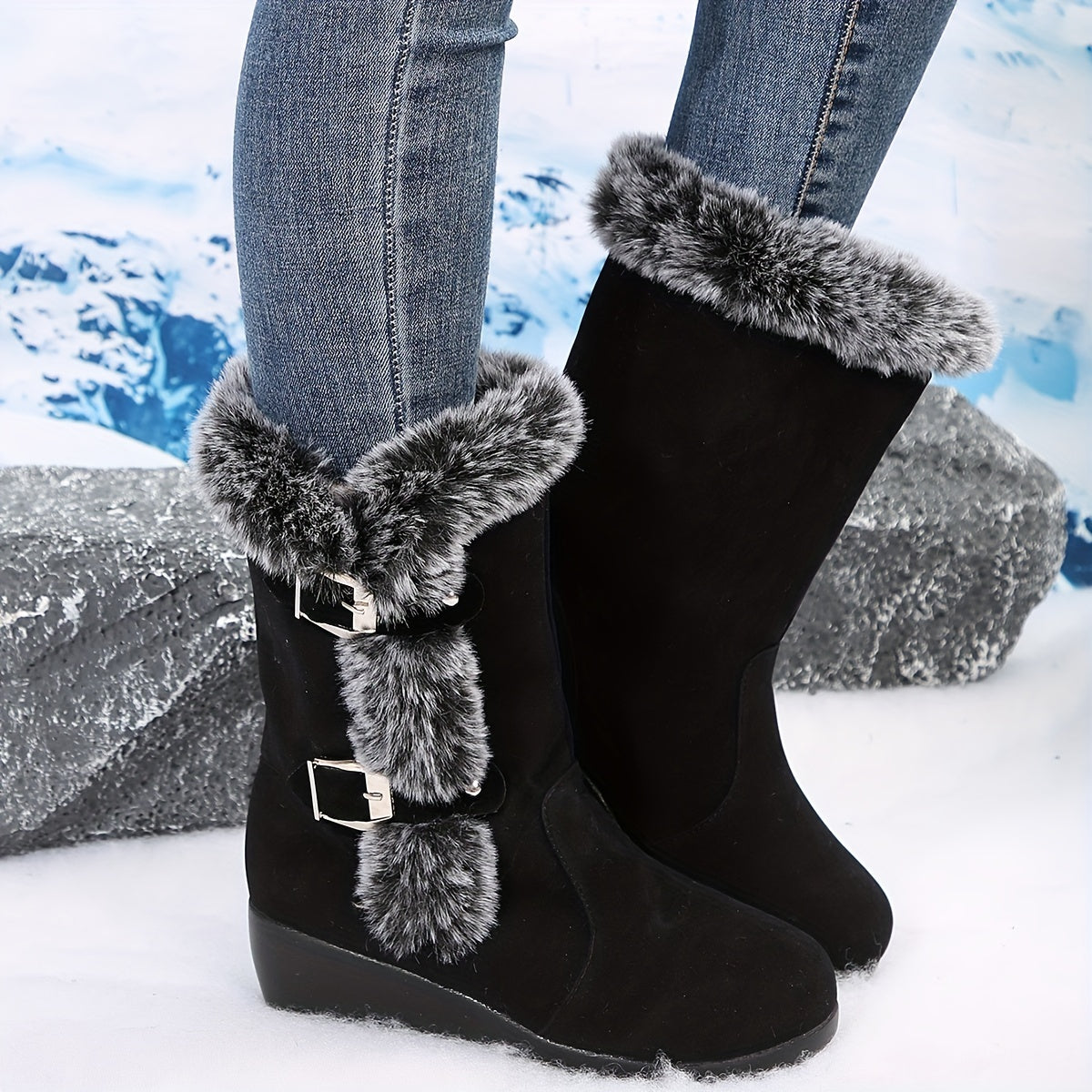 Mid Heel Wedge Boots for Women - Flannel Lined, Buckle Strap, Round Toe, Rubber Sole, Pull-On Closure, Perfect for Winter and Comfort Occasions