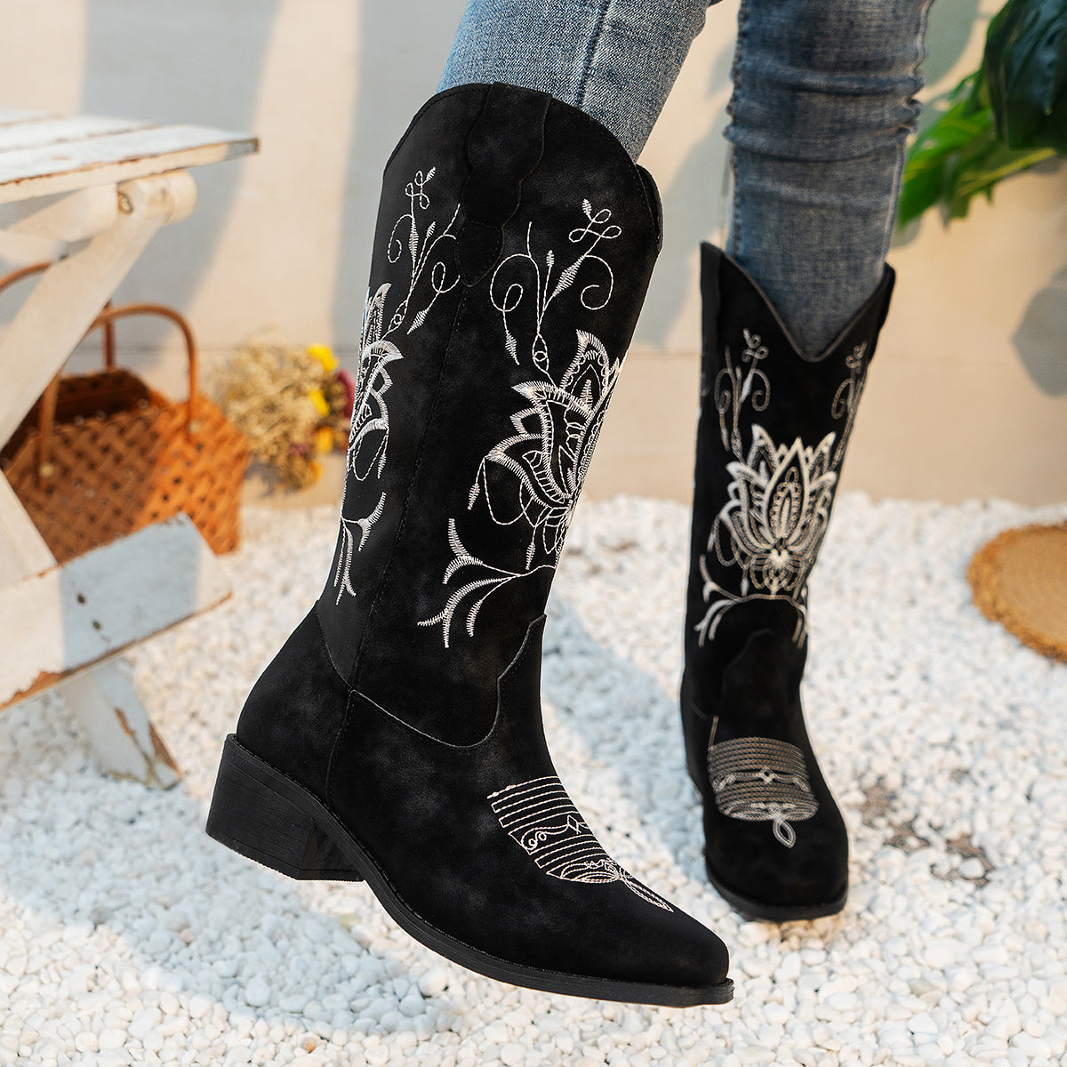 Women's Embroidered Western Mid-Calf Boots - Comfy Low Block Heel, Square Toe, Easy Slip-On Casual Cowboy Boots