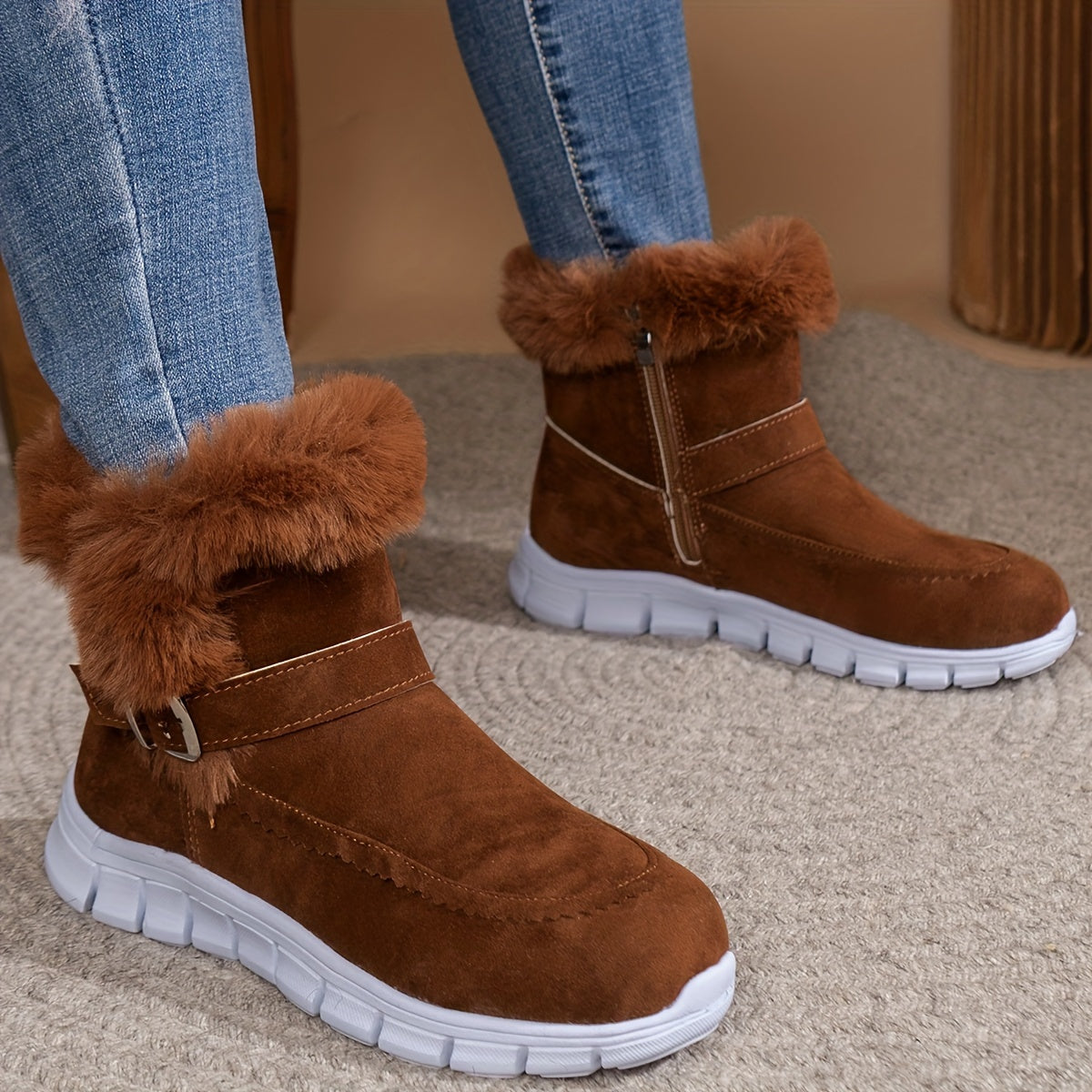 Cozy Winter Snow Boots - Thermal Mid-Calf, Round Toe, Faux Fur Lining, Buckle Design, Non-Slip Sole, Warm Outdoor Booties for Women