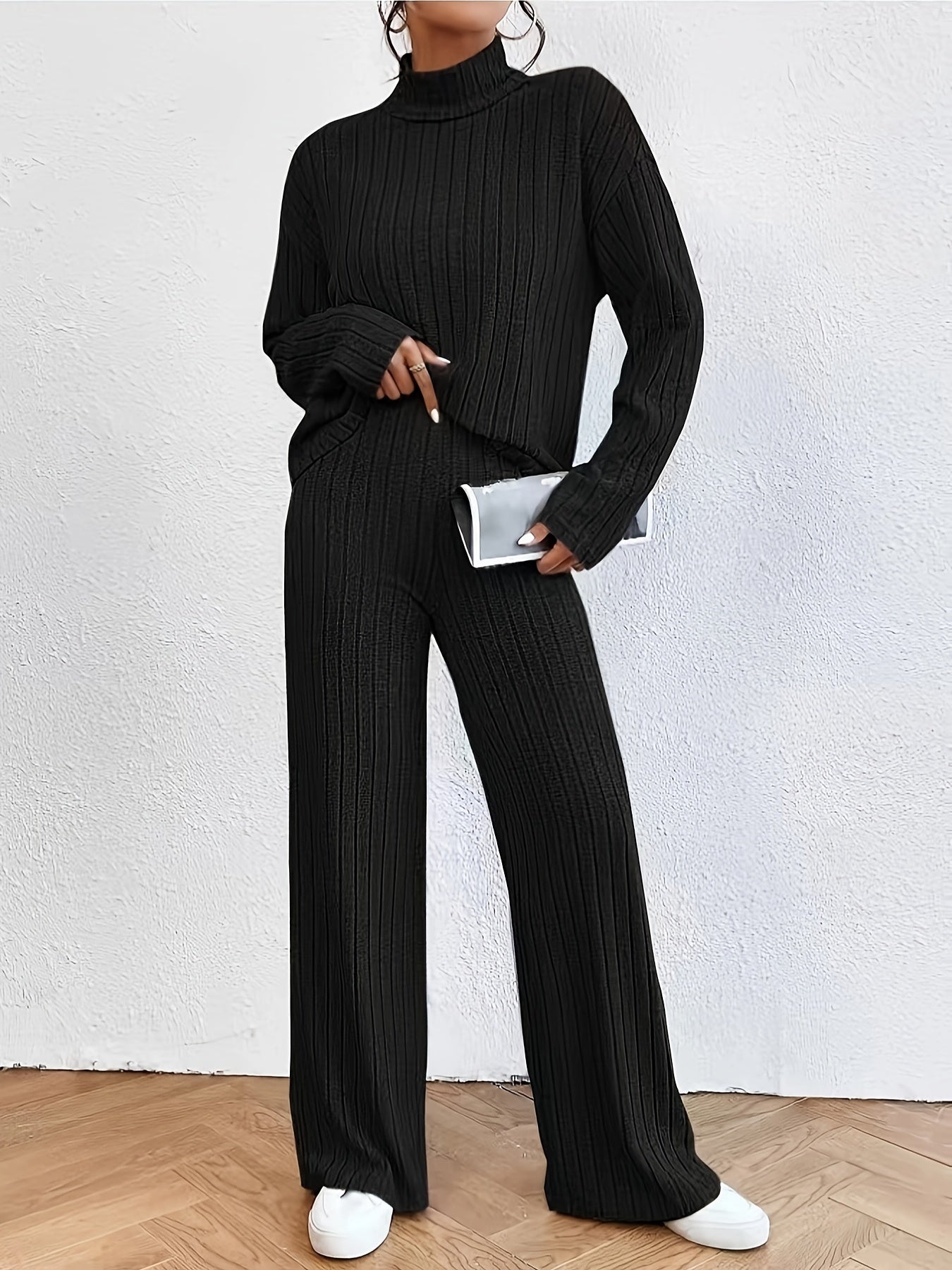 Chic Rib-Knit Two-Piece Set - Elegant Mock Neck Top & Flowy Wide-Leg Pants - Versatile Womens Ensemble for All Occasions