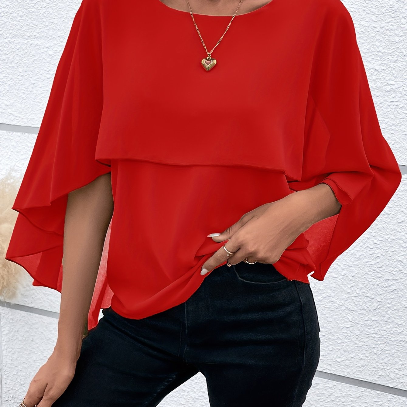 Solid Layered Cloak Sleeve Blouse, Versatile Crew Neck Blouse For Spring & Fall, Women's Clothing