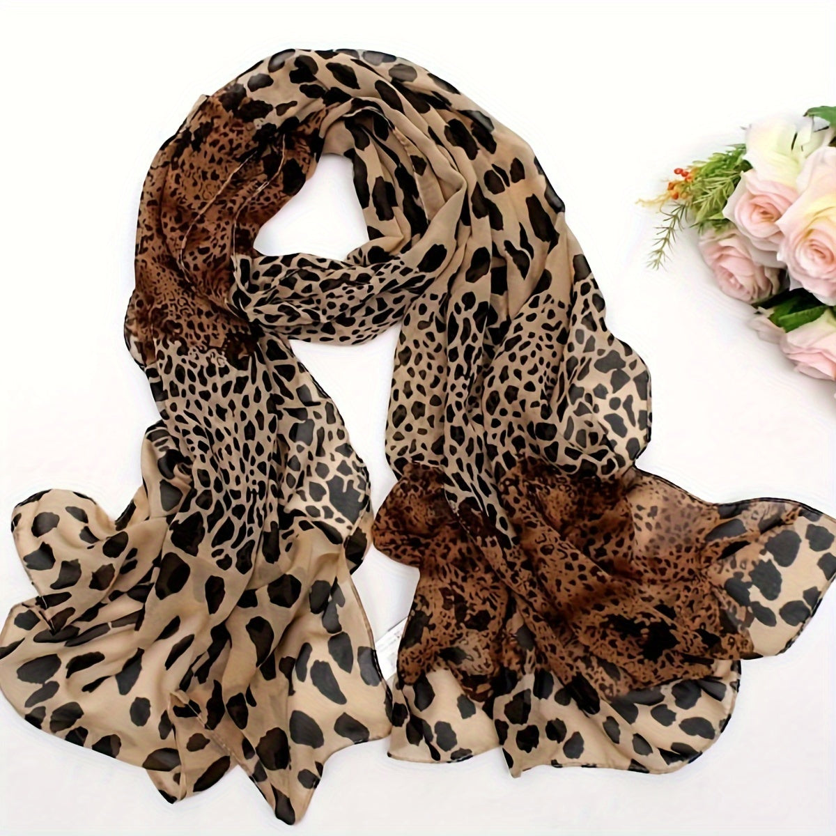 Boho Leopard Print Scarf for Women - 100% Polyester Chiffon Shawl, Windproof & Breathable Wrap for Travel, Beach & Everyday Wear