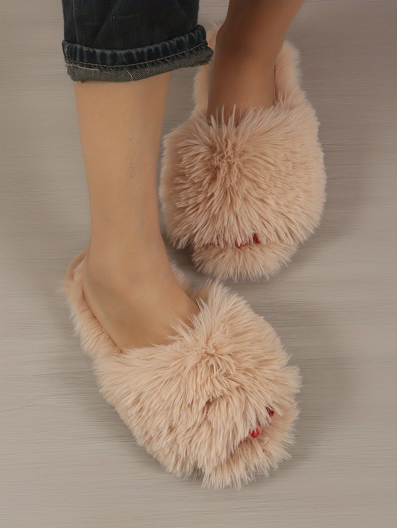 Women's Fluffy Furry Winter Slippers, Solid Color Open Toe Soft Flat Shoes, Cozy & Warm Home Floor Slippers