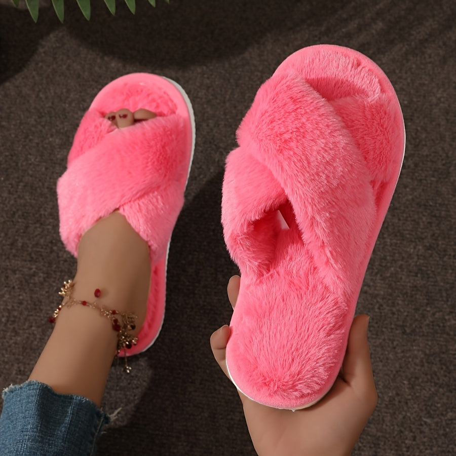 Crisscross Band Plush Indoor Slippers, Cozy & Warm Leopard Print Soft Sole Fuzzy Shoes, Non Slip Home Floor Slippers