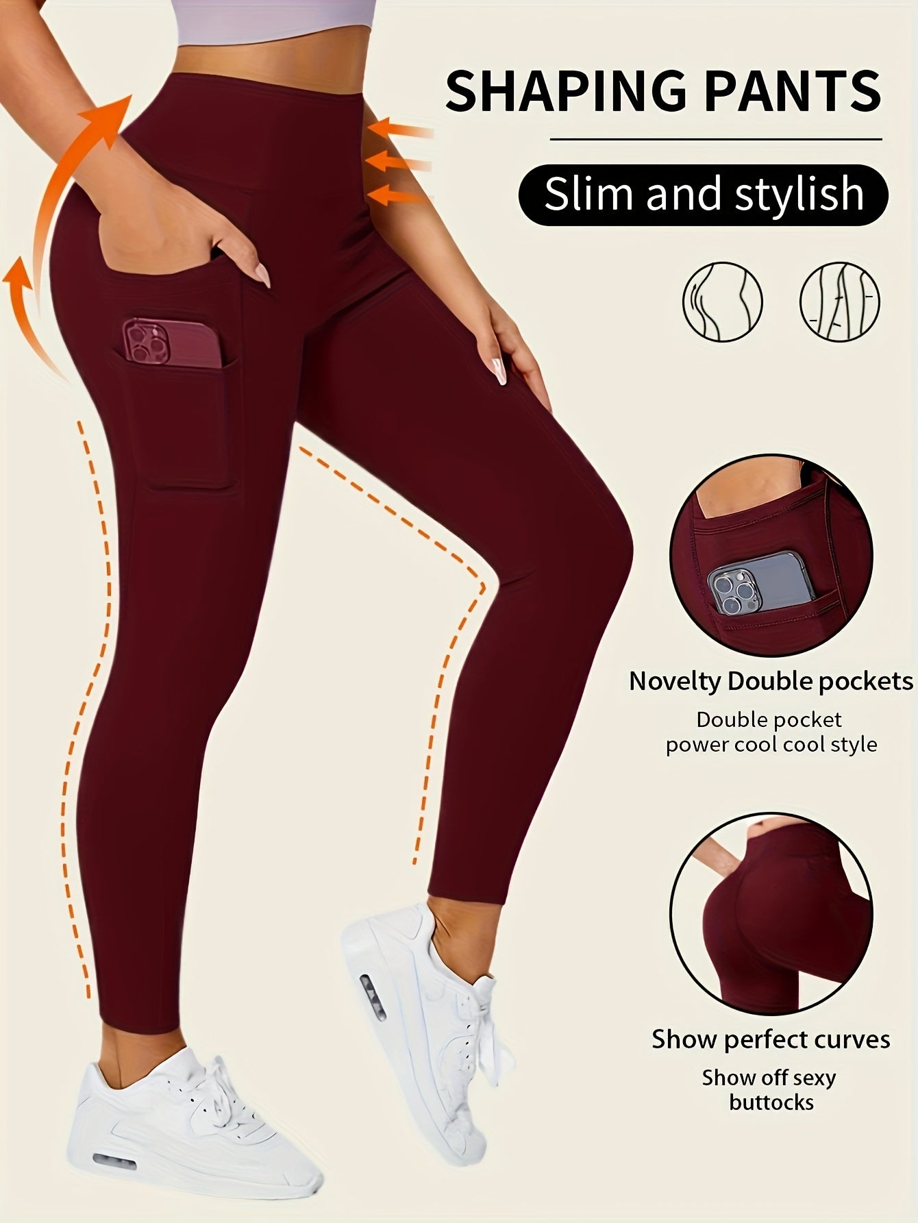 Sporty Solid Lounge Bottoms, Seamless High Rise Slim Fit Leggings With Side Pockets, Women's Loungewear