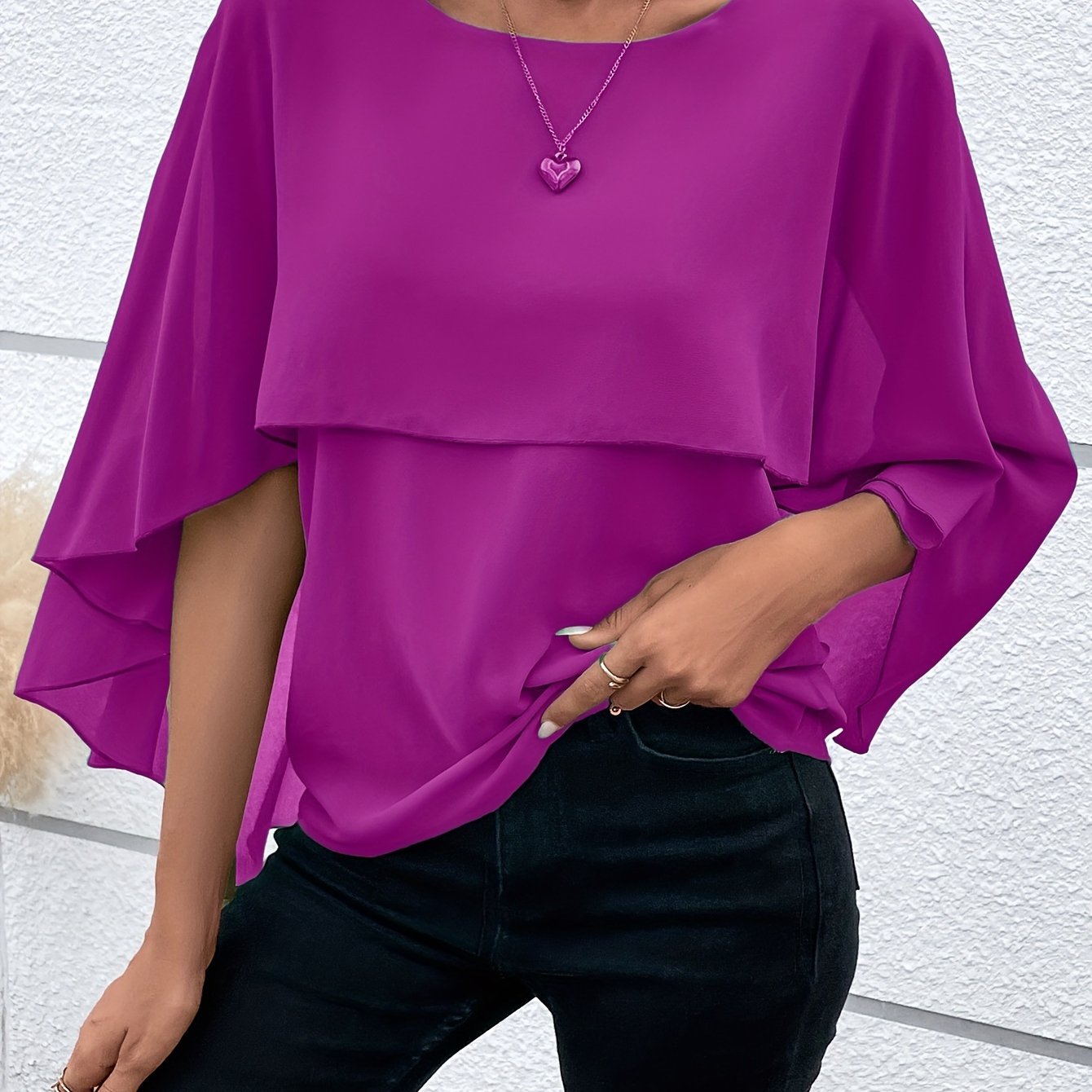 Solid Layered Cloak Sleeve Blouse, Versatile Crew Neck Blouse For Spring & Fall, Women's Clothing