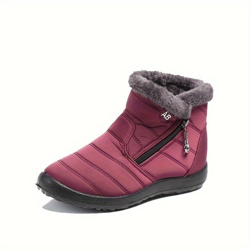 Women's Winter Snow Boots, Warm Ankle Booties, Waterproof Fabric With Side Zipper, Cozy Fur-Lined Insulated Footwear, Anti-Slip Sole