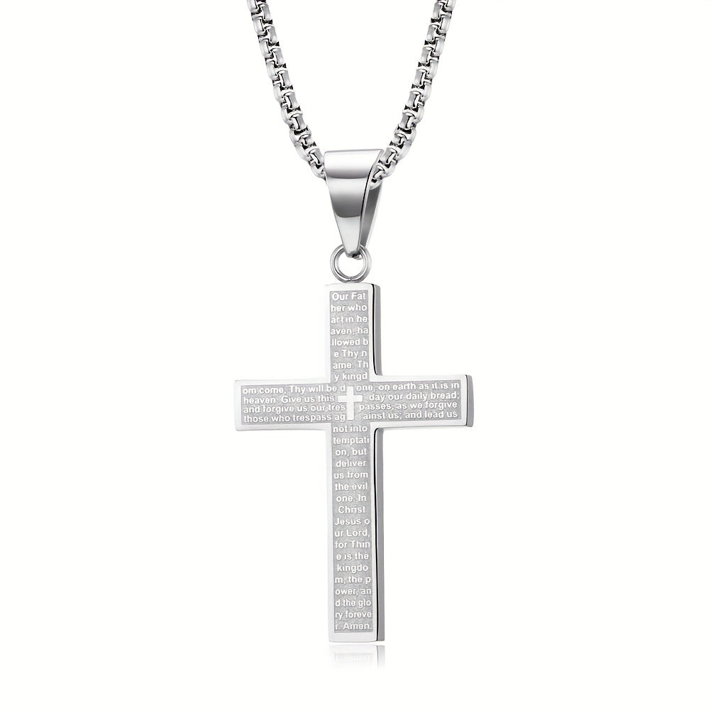 1pc Unisex Stainless Steel Cross Necklace with Engraved Lettering - Funky Style, Ideal Gift for Friends, Family, Graduation, Birthday