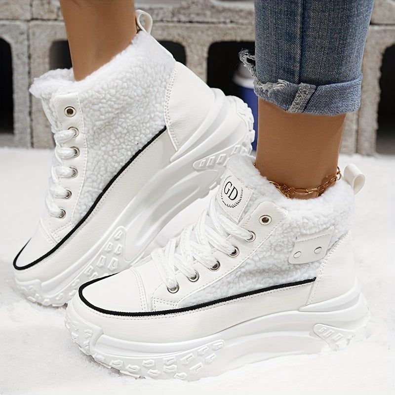 Winter Women's Ankle & Bootie Sneakers - Lace-Up Solid Color, Faux Fur High-Top Chunky Dad Shoes with Rubber Sole & PU Insole - Warm Athletic Footwear