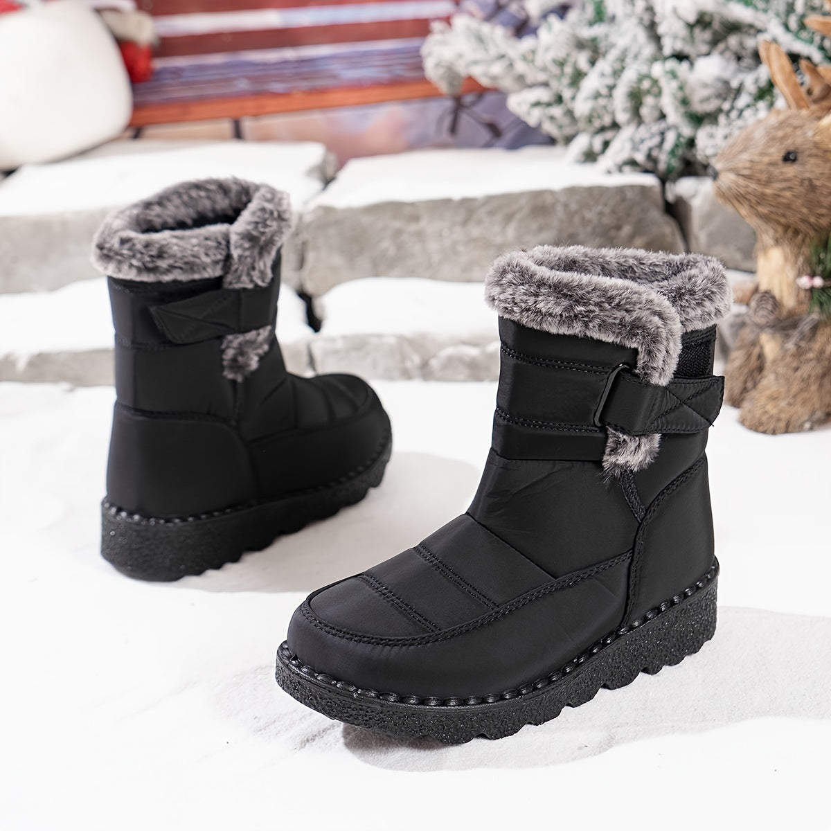 Velvettouch, Women's Winter Anti-Slip Snow Boots with Faux Fur Lining and Adjustable Straps - Casual Mid-Heel Fabric Ankle Booties