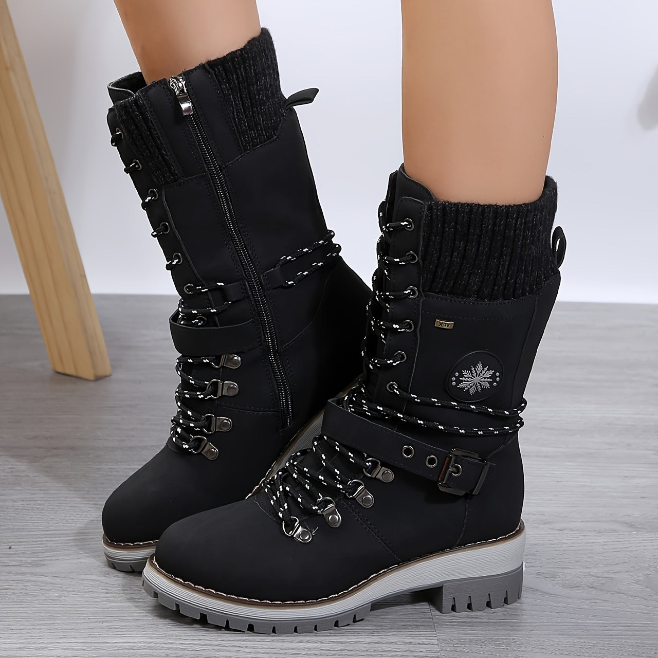 Stylish Knitted Mid-Calf Boots - Solid Color, Side Zipper, Buckle Belt, Non-Slip Sole, Perfect for Cold Weather & Casual Occasions