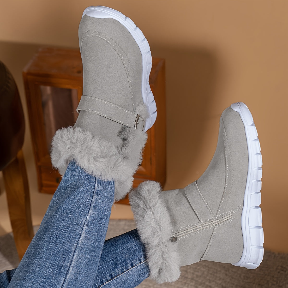 Cozy Winter Snow Boots - Thermal Mid-Calf, Round Toe, Faux Fur Lining, Buckle Design, Non-Slip Sole, Warm Outdoor Booties for Women