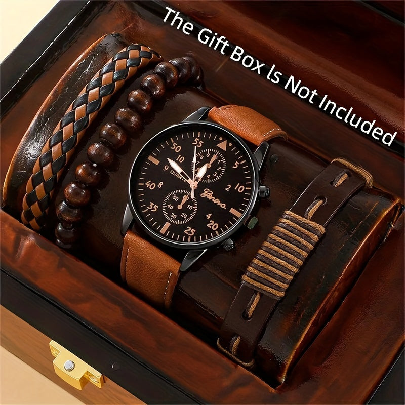 4pcs/set, Fashion Men's Casual Brown Quartz Watch & 3pcs Bracelets, Ideal choice for Gifts