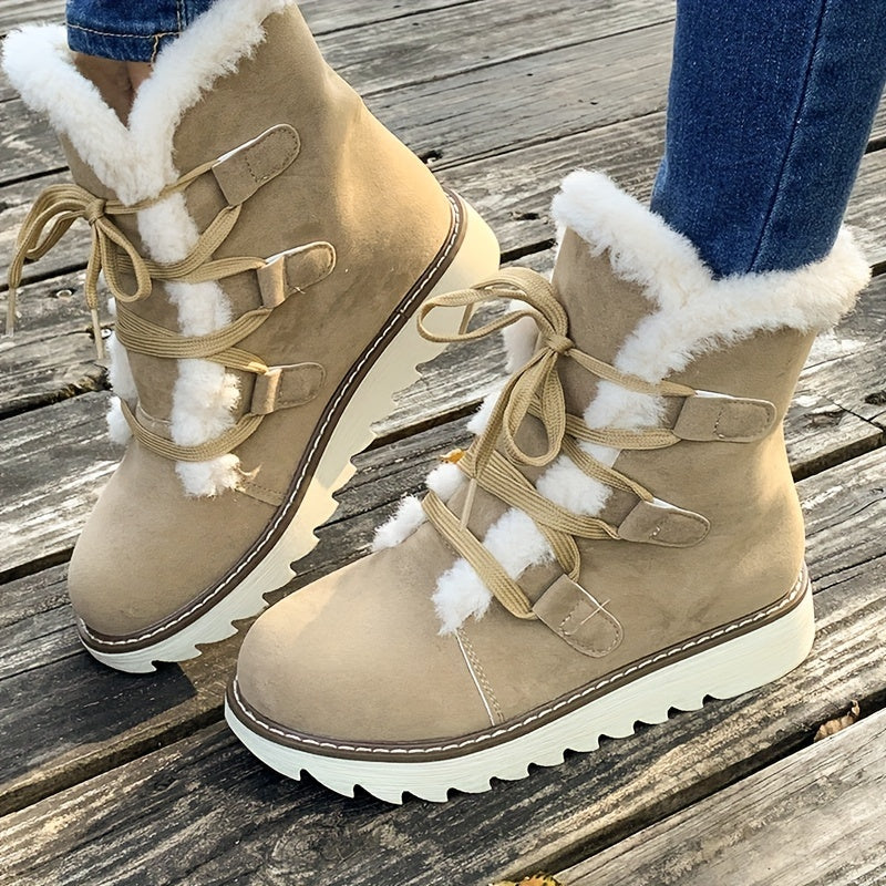 Plush Lined Women&#39;s Mid Calf Snow Boots, Solid Color Lace Up Outdoor Anti-Slip Winter Thermal Boots