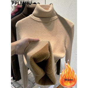 Women's Elegant Turtleneck Warm Sweater Thicken Velvet Lined Knitted Pullover