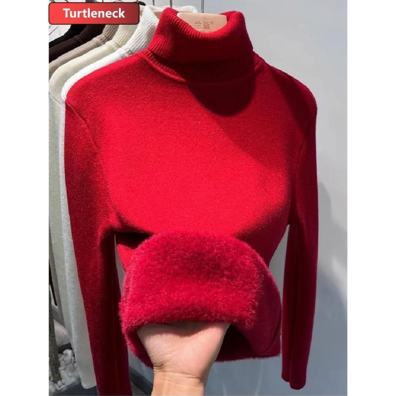 Women's Elegant Turtleneck Warm Sweater Thicken Velvet Lined Knitted Pullover