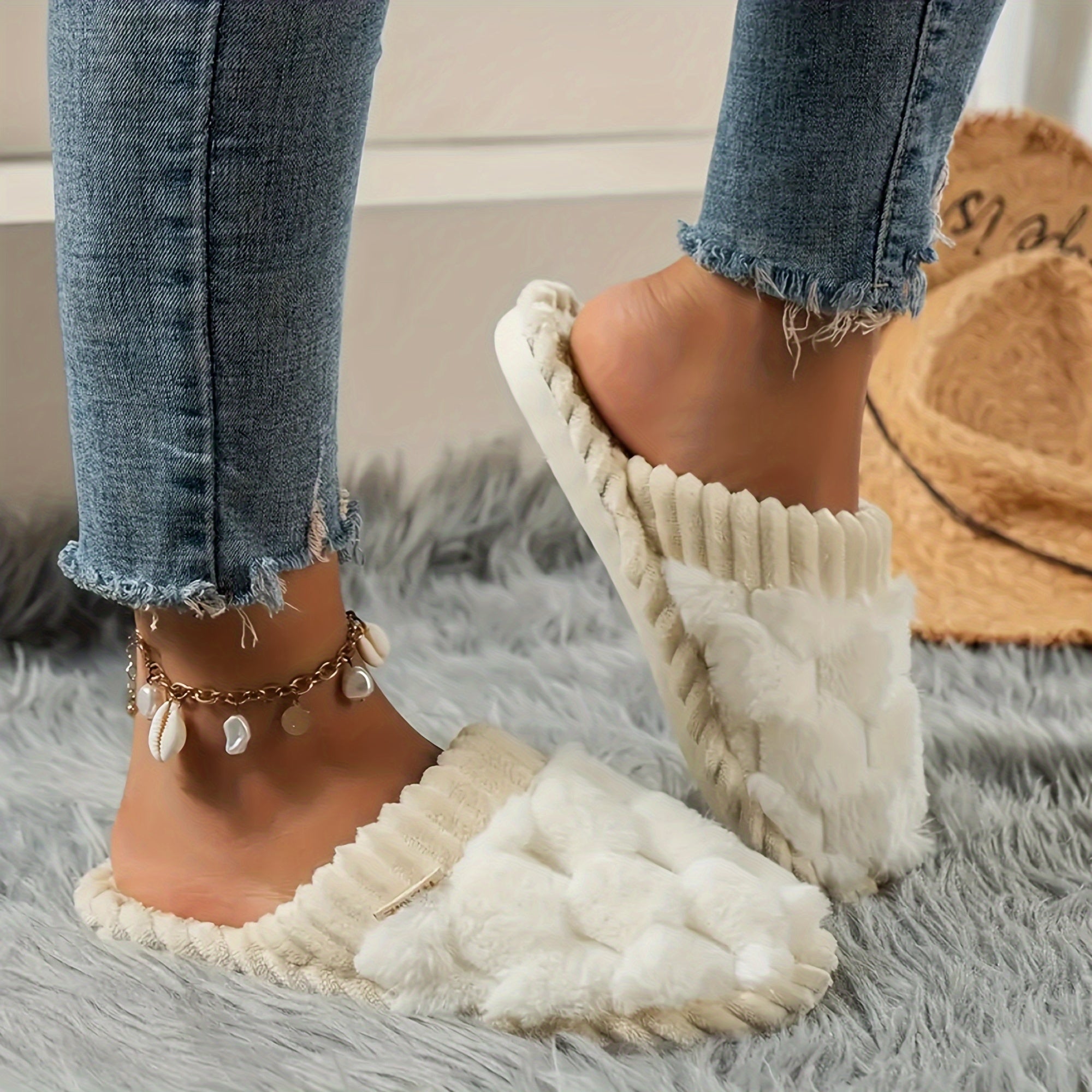 Cozy Winter Fuzzy Slippers - Soft, Warm, and Comfortable Closed-Toe Shoes for Indoor Bedroom Use - Plush Slip-On Design with Gentle Grip Sole