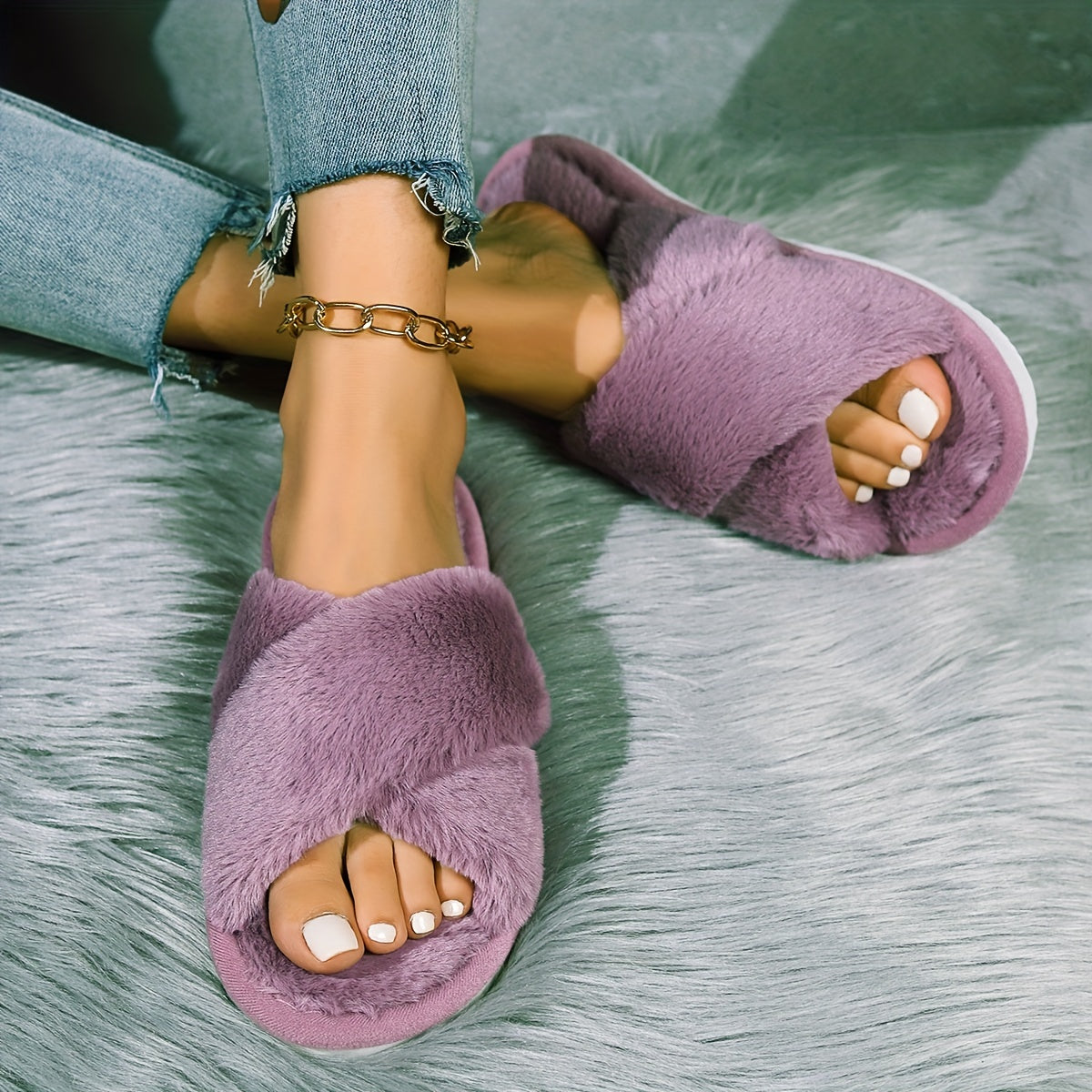 Crisscross Band Plush Flat Slippers, Open Toe Soft Sole Fuzzy Home Shoes, Winter Warm Indoor Floor Slippers