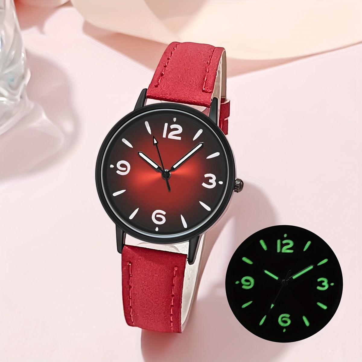 Chic Women's Luminous Gradient Quartz Watch with Sun Pattern - Faux Leather Strap, Round Case