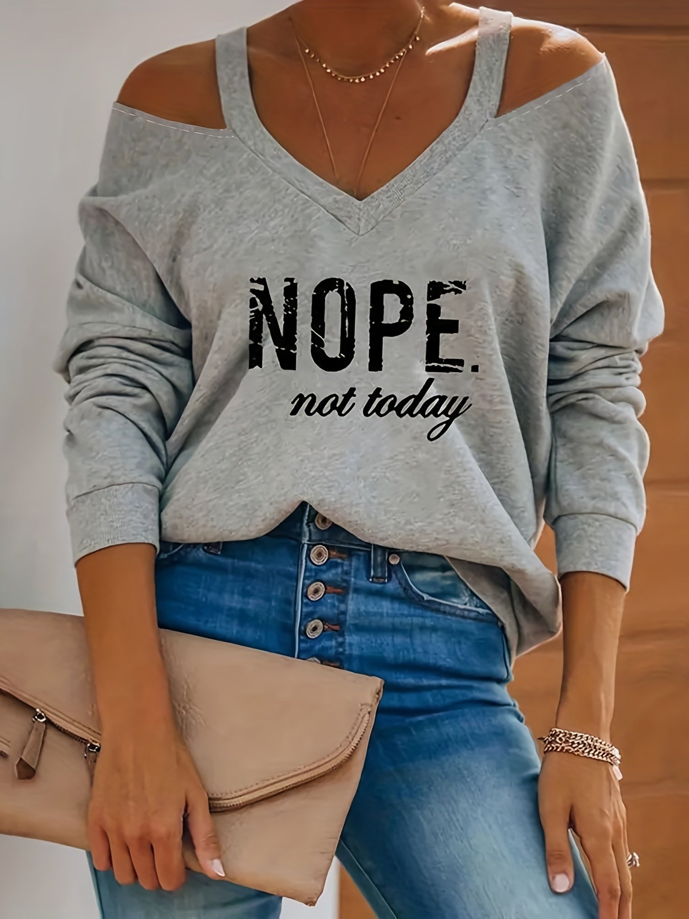 Letter Print Cold Shoulder Pullover Sweatshirt, Casual Long Sleeve V Neck Sweatshirt For Spring & Fall, Women's Clothing