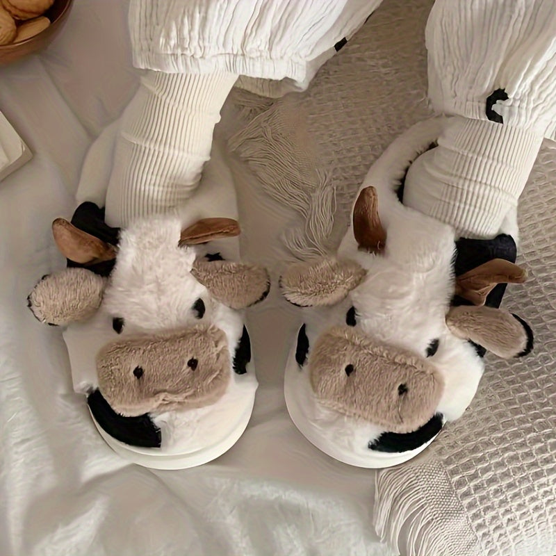 Cute Cow Design Slippers, Casual Slip On Plush Lined Shoes, Comfortable Indoor Home Slippers