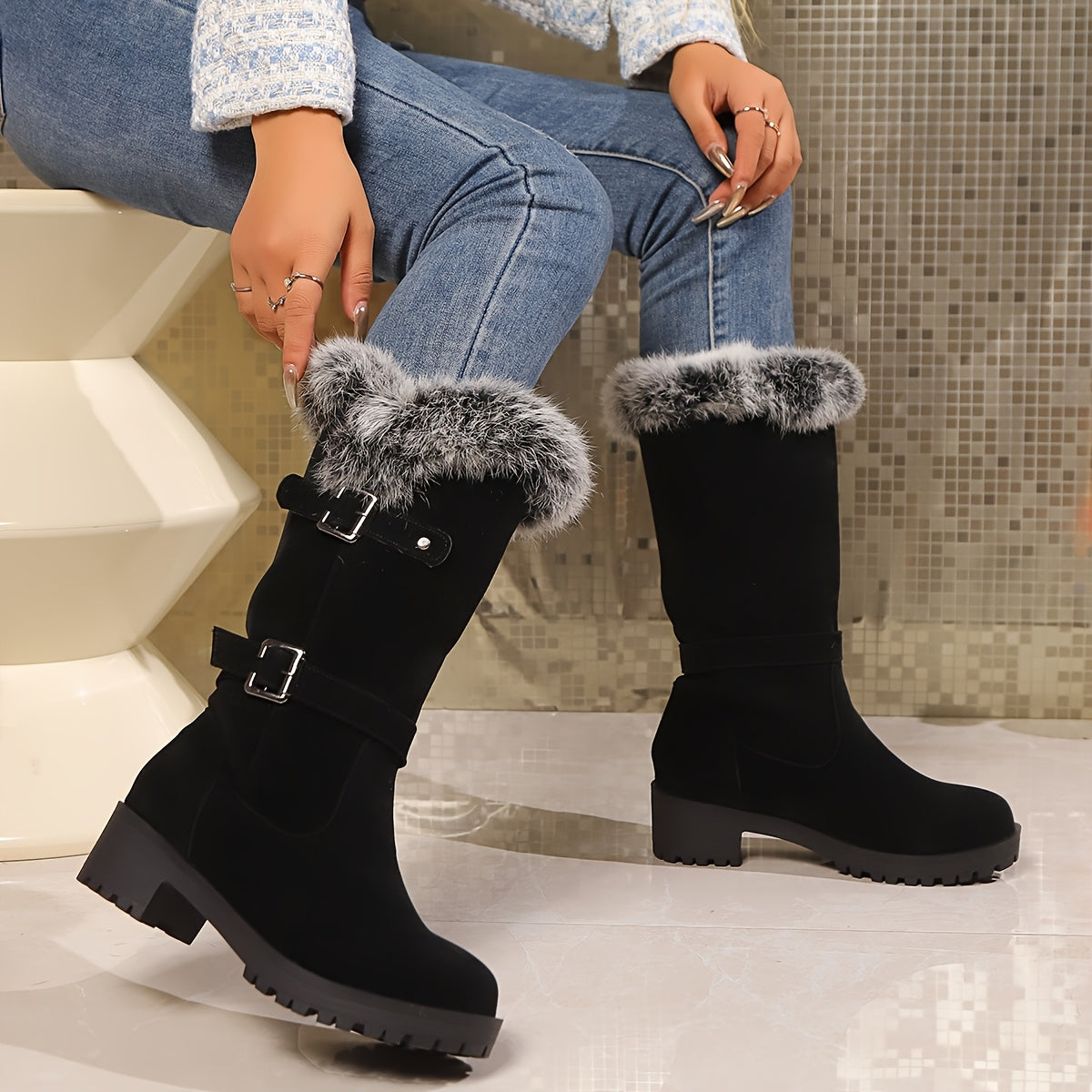 Womens Winter Wonder - Cozy Faux Fur Lined Snow Boots with Stylish Buckle Strap, Chunky Low Heel, and Anti-slip Thermal Mid Calf Comfort