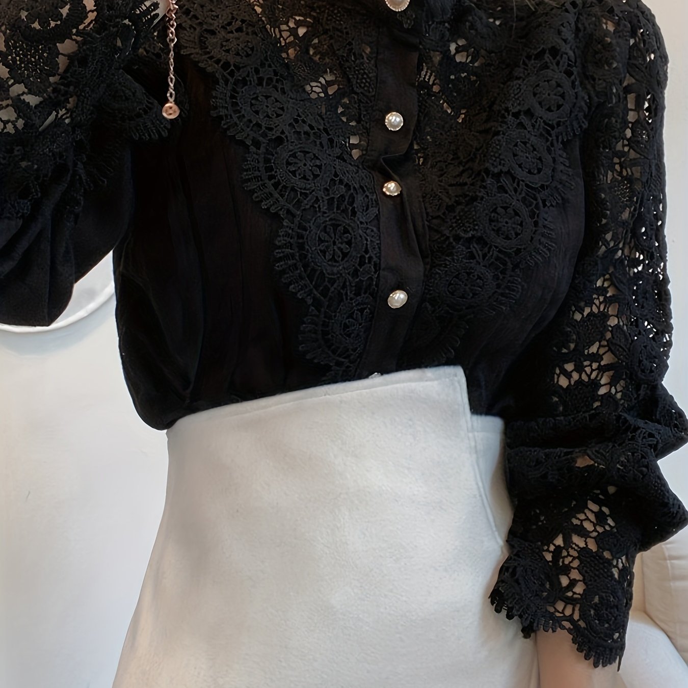 Women's Blouse Lace Puff Sleeve Lantern Sleeve Solid Pleated Women Blouse