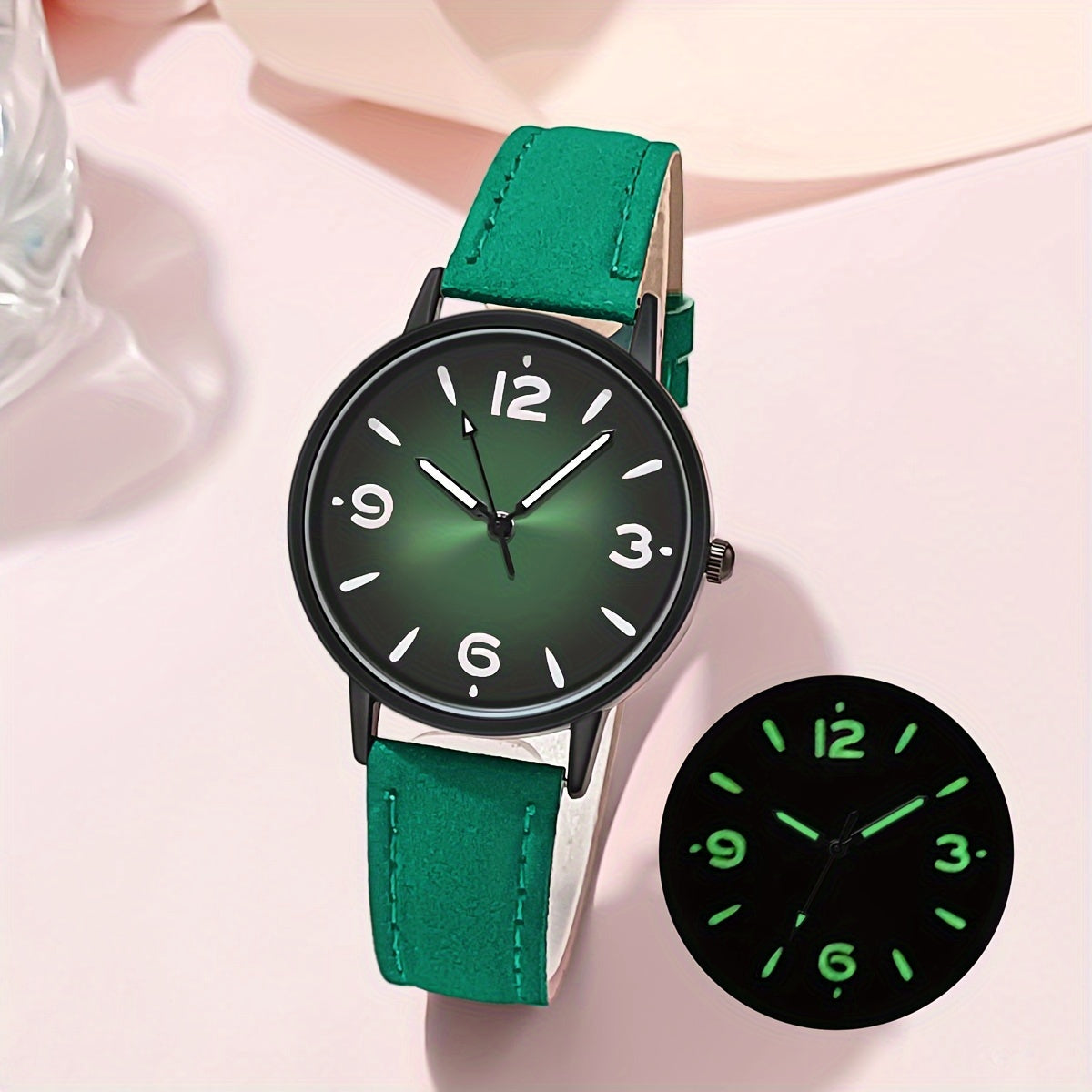 Chic Women's Luminous Gradient Quartz Watch with Sun Pattern - Faux Leather Strap, Round Case