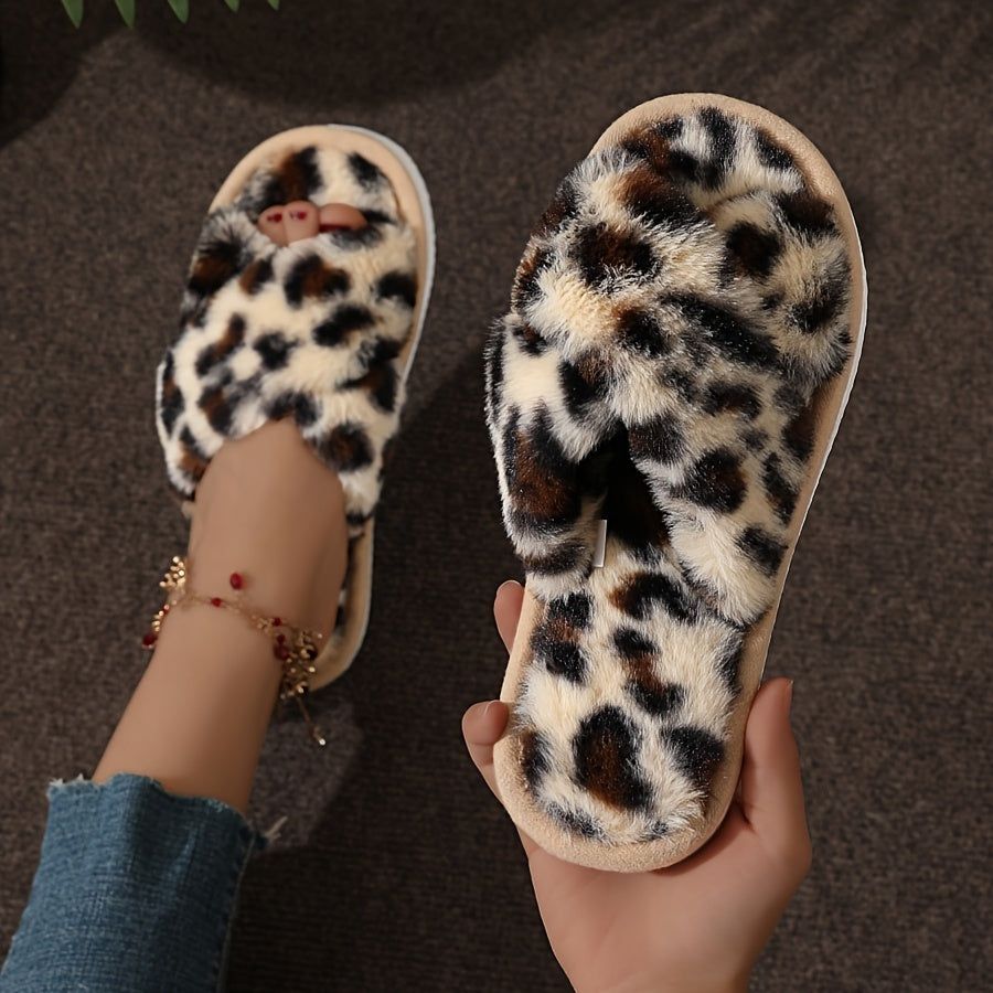 Crisscross Band Plush Indoor Slippers, Cozy & Warm Leopard Print Soft Sole Fuzzy Shoes, Non Slip Home Floor Slippers