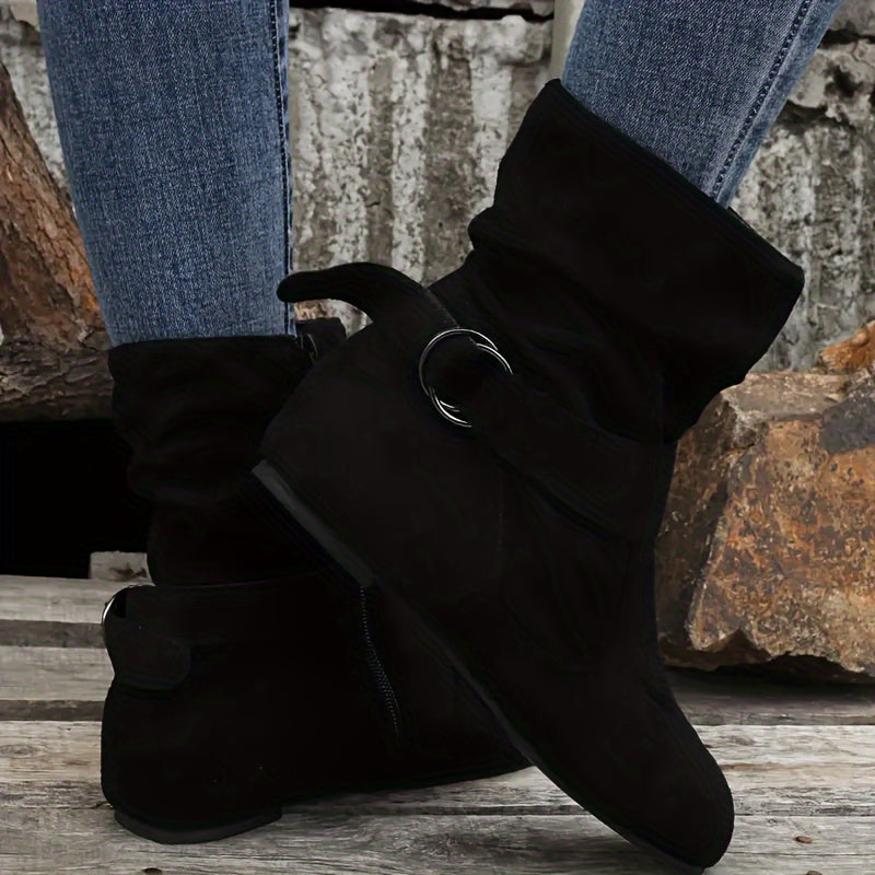 Women's Slouchy Ankle Boots, Solid Color Round Toe Side Zipper Short Boots, Comfortable Flat Boots