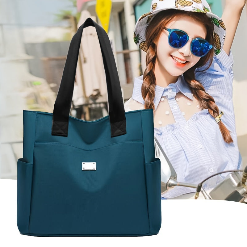 Waterproof Nylon Shoulder Bag, Fashion Solid Color Tote Bag, Casual Multi Pocket Handbag For Going Out