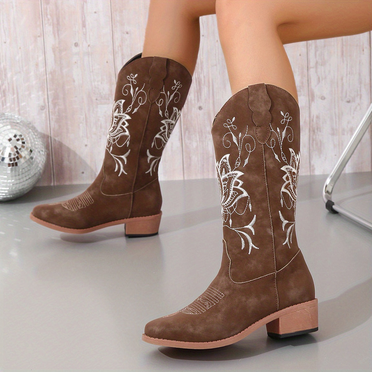 Women's Embroidered Western Mid-Calf Boots - Comfy Low Block Heel, Square Toe, Easy Slip-On Casual Cowboy Boots