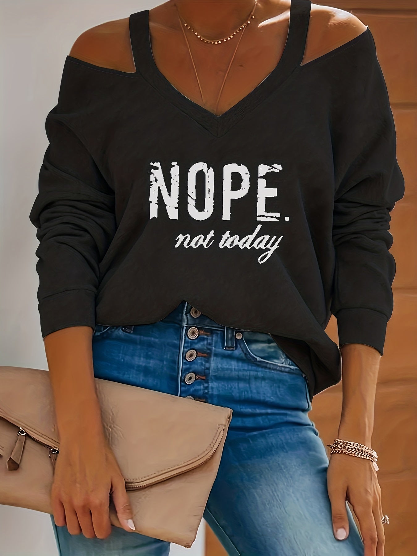 Letter Print Cold Shoulder Pullover Sweatshirt, Casual Long Sleeve V Neck Sweatshirt For Spring & Fall, Women's Clothing