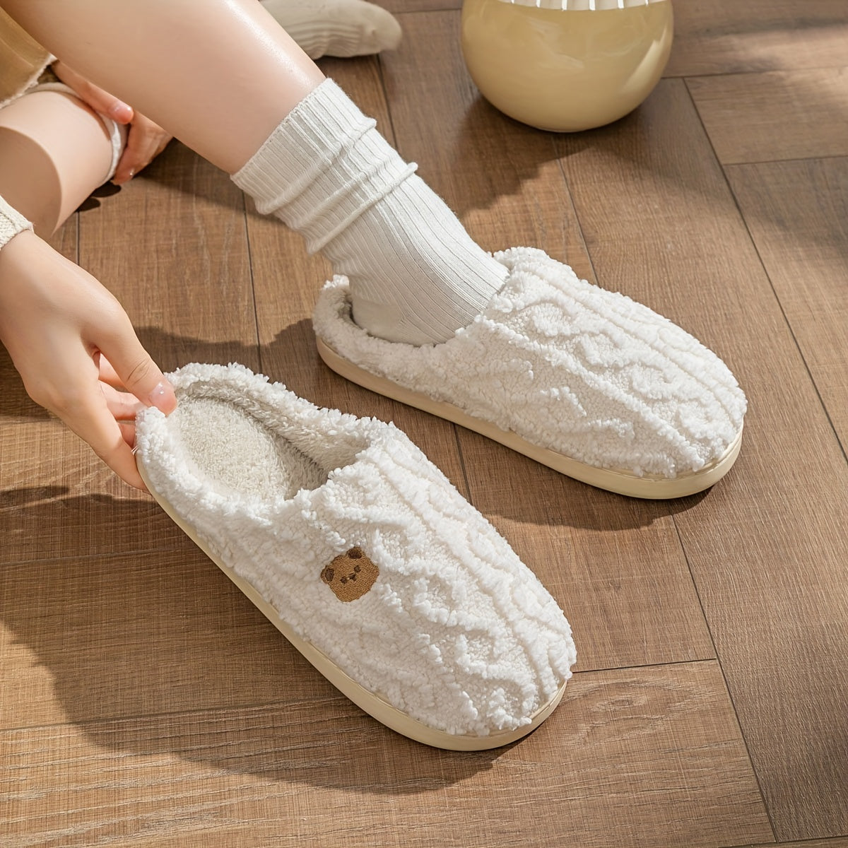 Solid Color Home Warm Slippers, Slip On Soft Sole Flat Non-slip Fuzzy Shoes, Winter Plush Cozy Slides Shoes