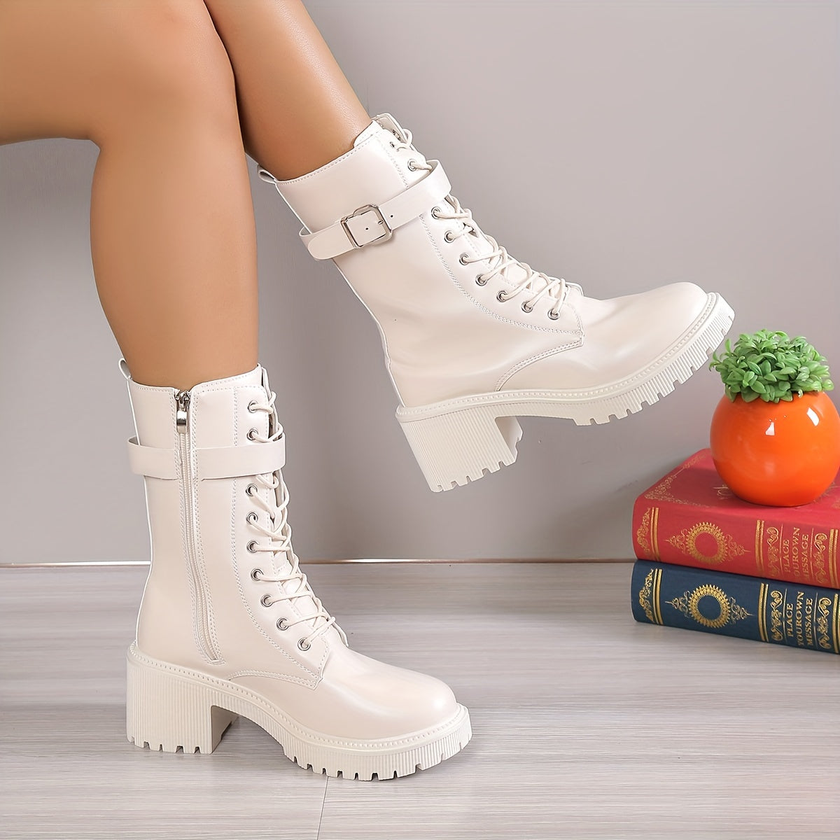 Women's Chunky Heeled Mid Calf Boots, Solid Color Lace Up & Side Zipper Combat Boots, All-Match Platform Boots