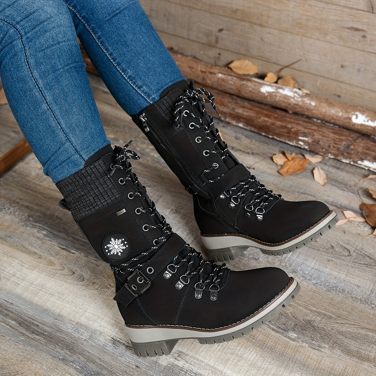 Women’s Solid Color Mid-Calf Winter Boots - Side Zipper, Buckle Belt, Knitted Rim, Non-Slip Sole, and Vintage Style.