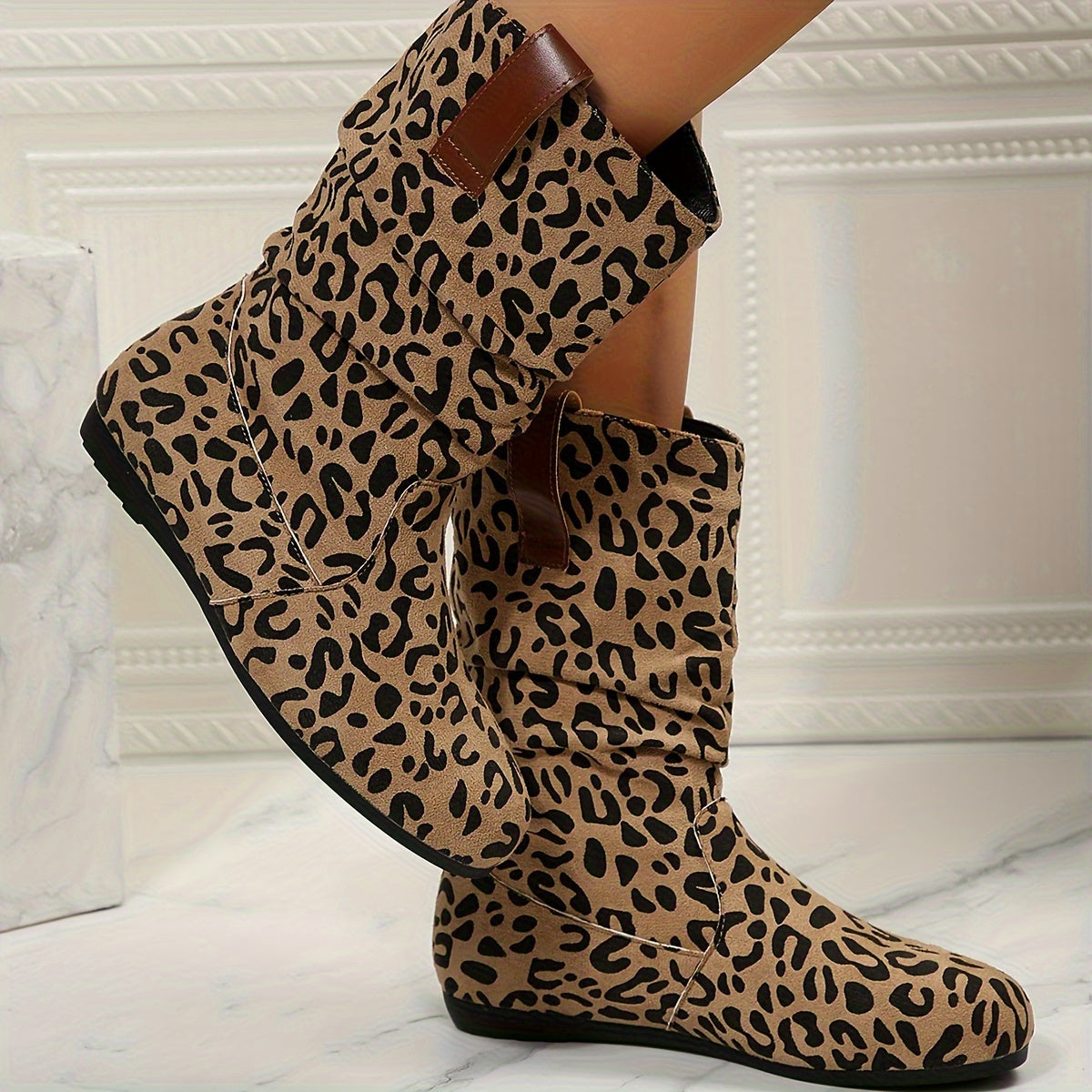 Women's Slouchy Mid Calf Boots, Comfy V-cut Pull On Plush Lined Warm Flat Shoes, Winter Thermal Boots