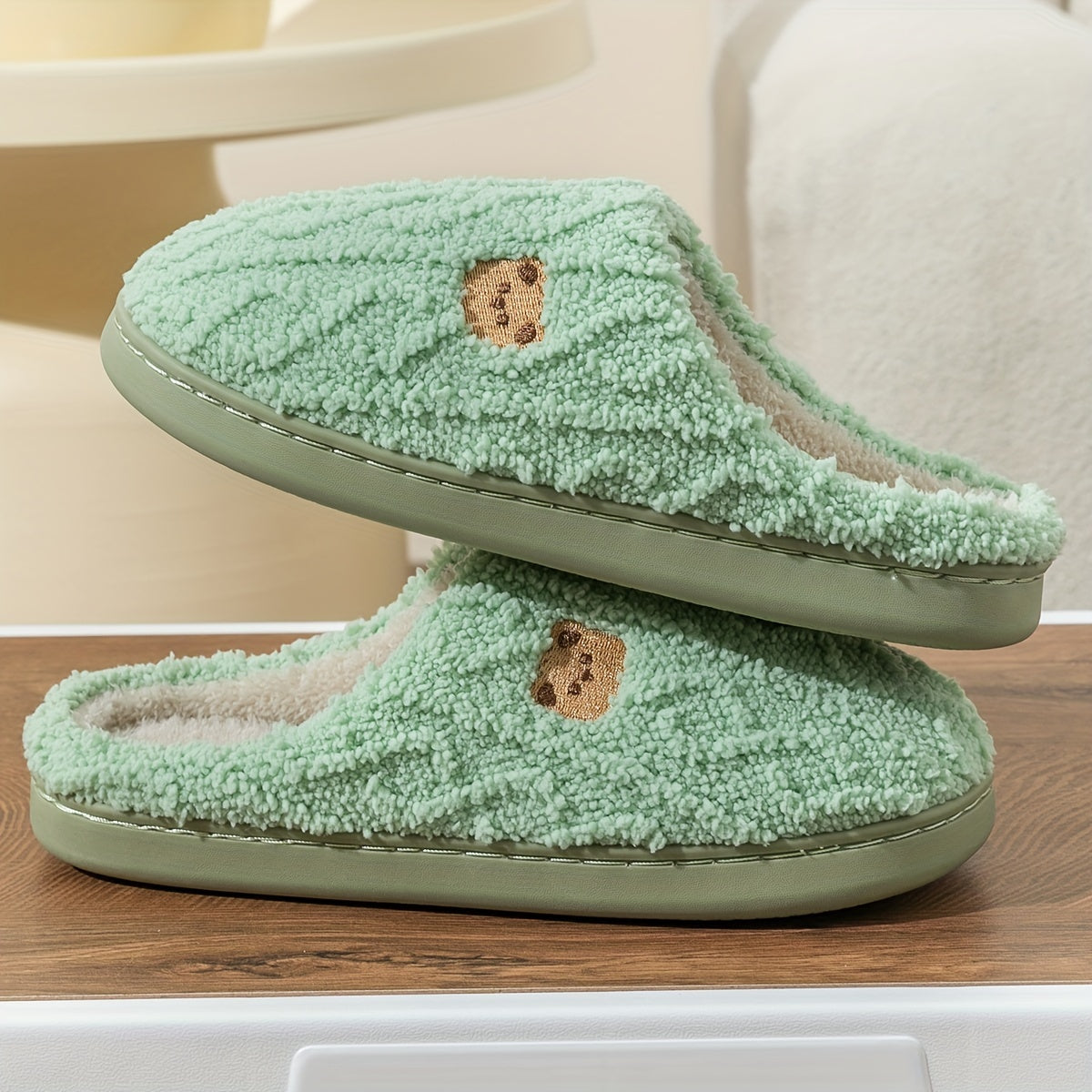 Solid Color Home Warm Slippers, Slip On Soft Sole Flat Non-slip Fuzzy Shoes, Winter Plush Cozy Slides Shoes