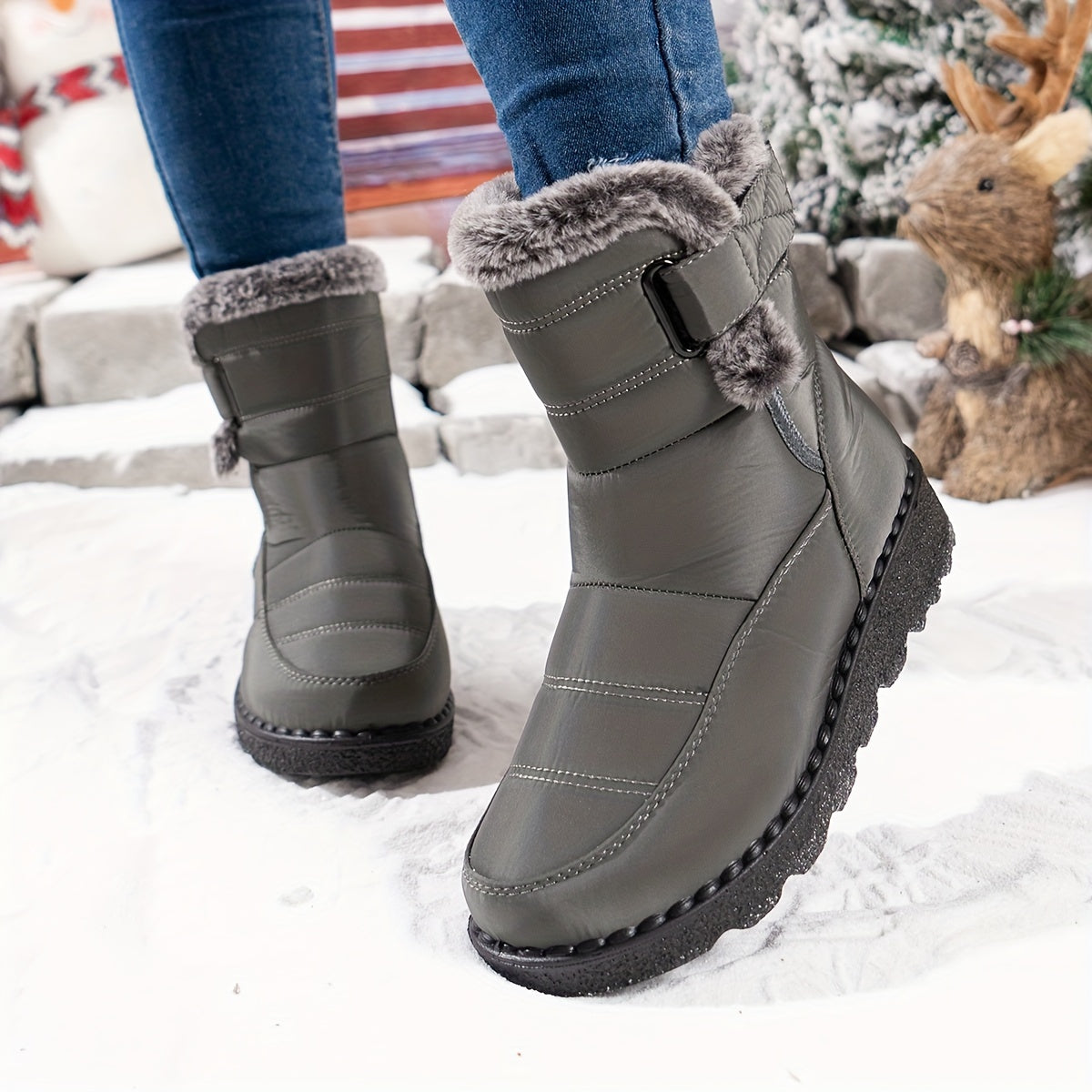 Velvettouch, Women's Winter Anti-Slip Snow Boots with Faux Fur Lining and Adjustable Straps - Casual Mid-Heel Fabric Ankle Booties