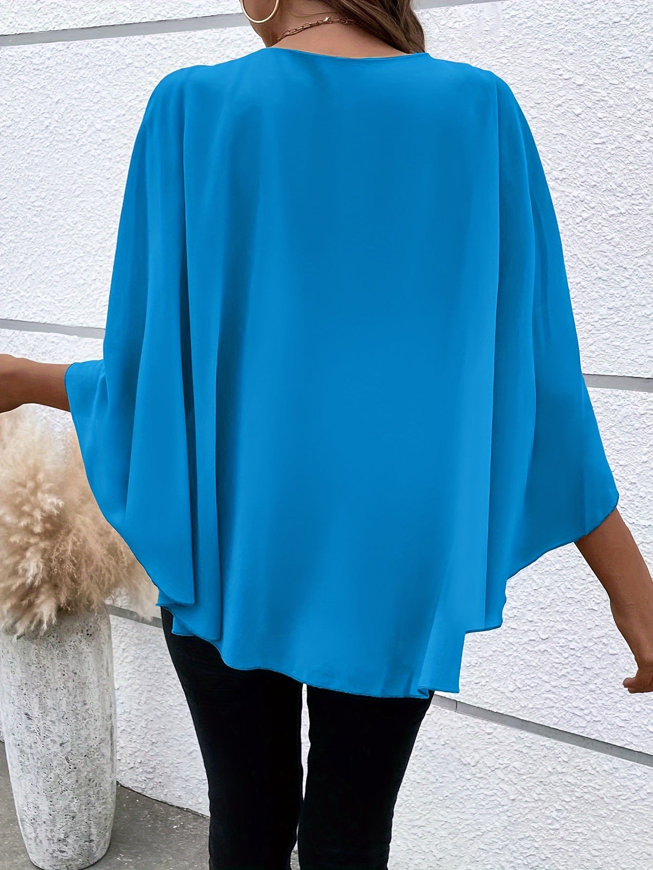 Solid Layered Cloak Sleeve Blouse, Versatile Crew Neck Blouse For Spring & Fall, Women's Clothing